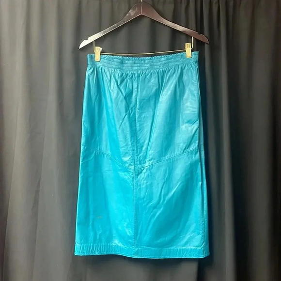 80’s J.F.S Signature Leather Teal Genuine‎ Leather Lined Midi Skirt - Picture 1 of 7